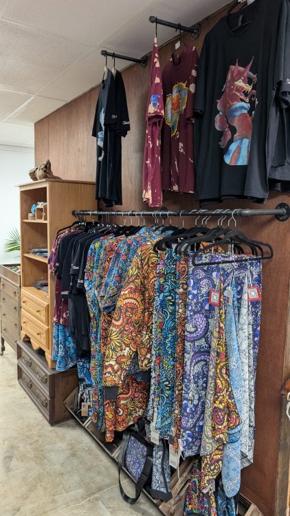 Clothing display rack for local artists in Downtown Chilliwack