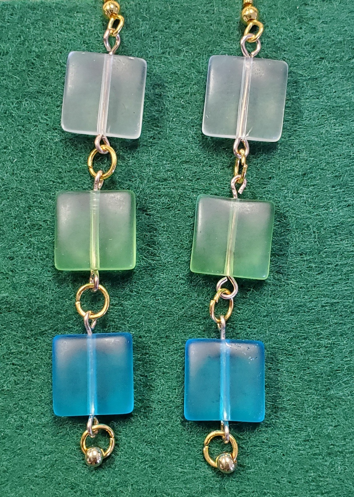 Shoreline Squares — Sea Glass & Petrified Wood Earrings by Sherry Armstrong